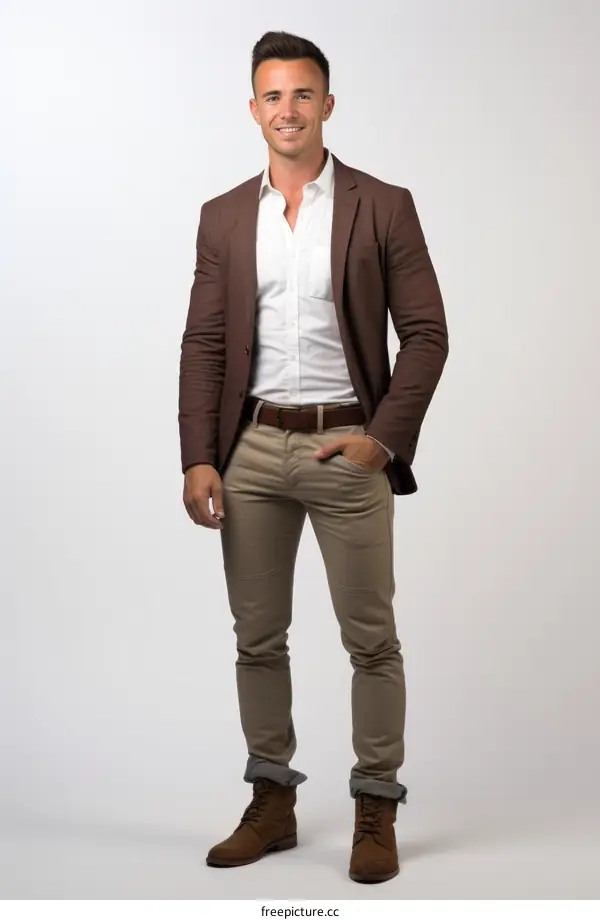 Young man in brown suit jacket and white shirt