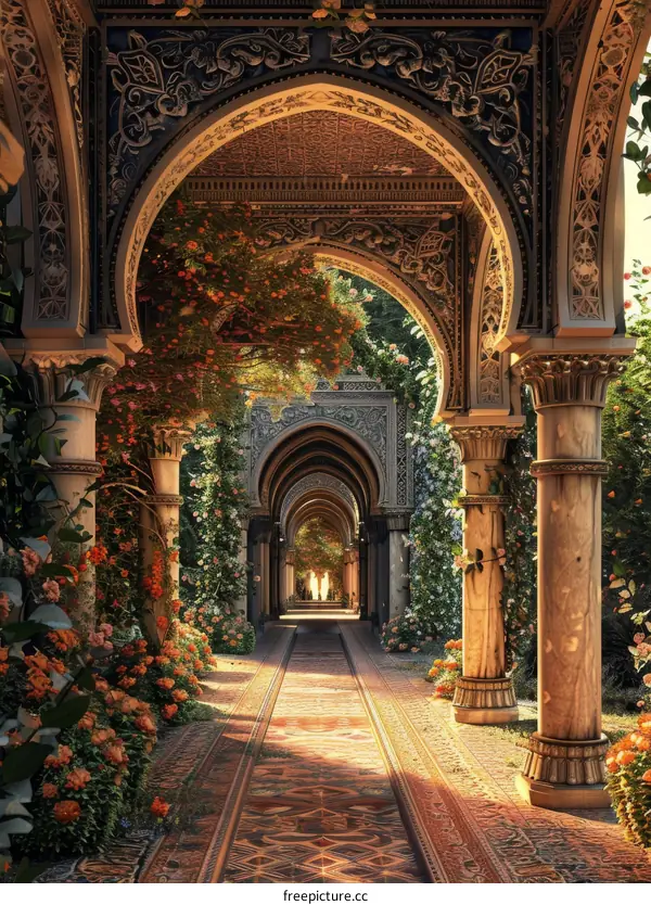 Marble Palace Garden with Statues, Flowers, and Trees