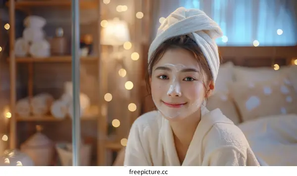 A young woman is applying a facial mask while smiling at the camera