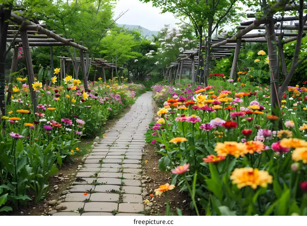 Stone Path Through Colorful Flower Garden