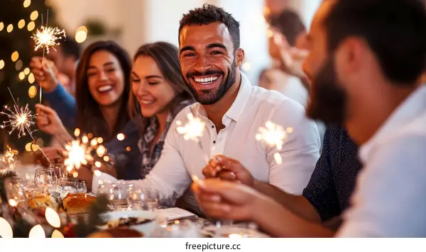 Friends Celebrating with Sparkler at Dinner