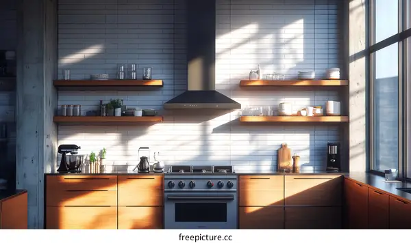Modern Kitchen Design with Wooden Shelves