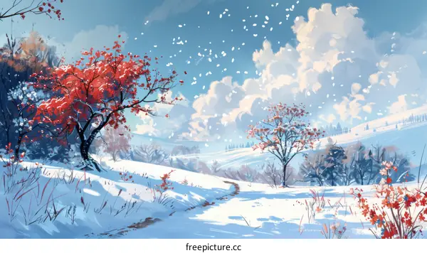 A snowy winter landscape with a large red tree