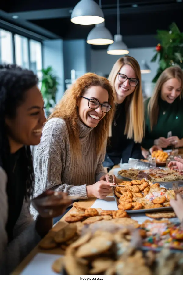 Multiethnic group of female friends enjoying holiday party with cookies and drinks