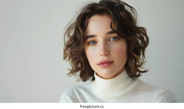 portrait of a young woman with short brown hair and blue eyes wearing a white turtleneck sweater