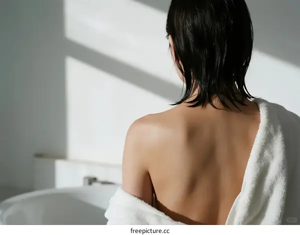 Rear view of a person with wet hair and white towel
