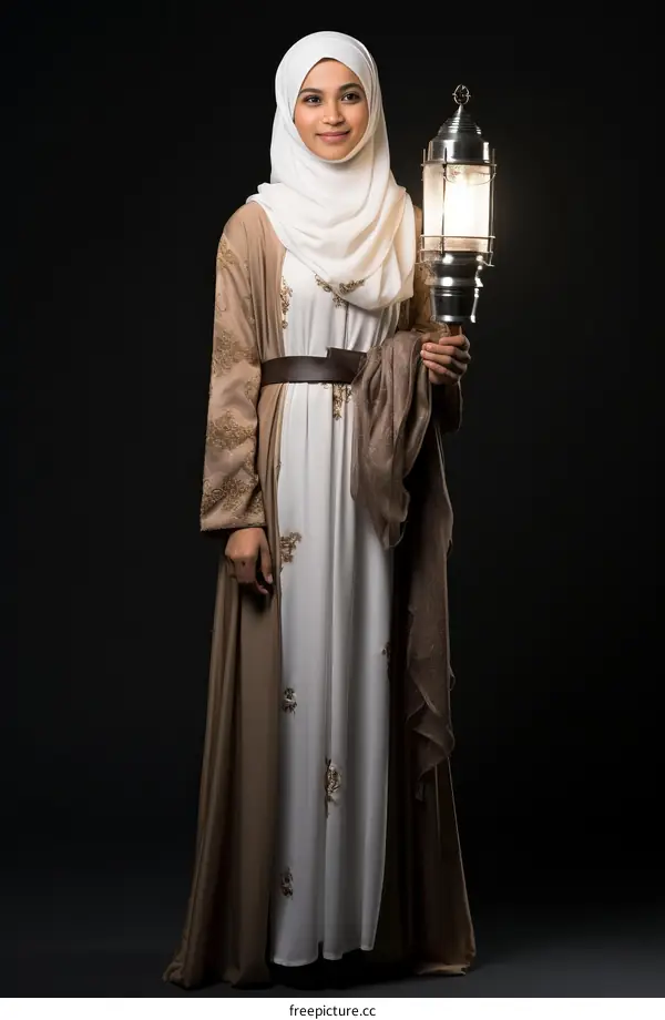 Portrait of a young woman wearing a hijab and holding a lantern
