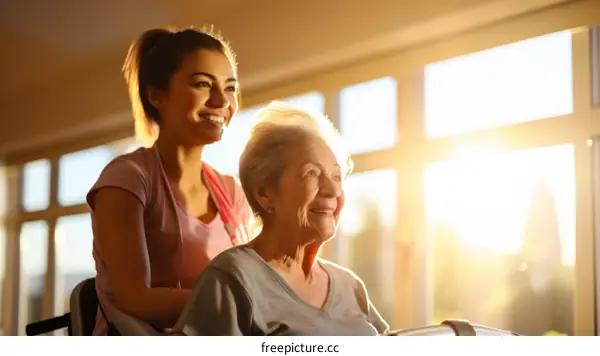 Caregiver pushing elderly woman in wheelchair
