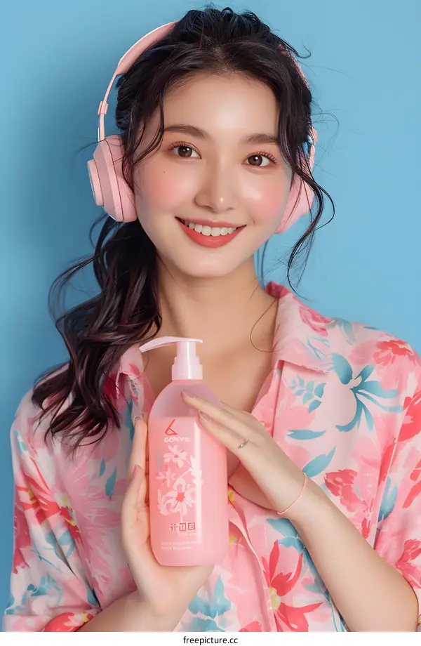 Smiling Asian woman with pink headphones holding a bottle of shampoo