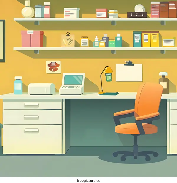 Cartoon Illustration of Medical Office with Shelves and Desk