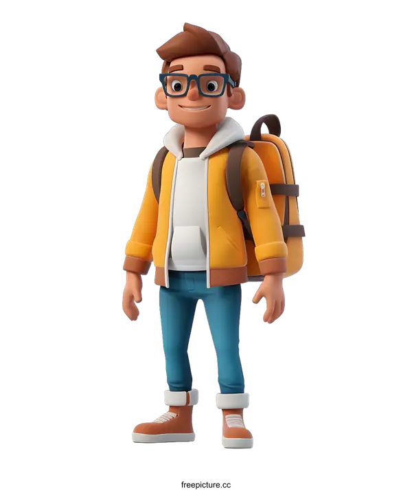 [Transparent Background PNG]A 3D illustration of a young man wearing a yellow jacket, blue jeans, and a brown backpack.
