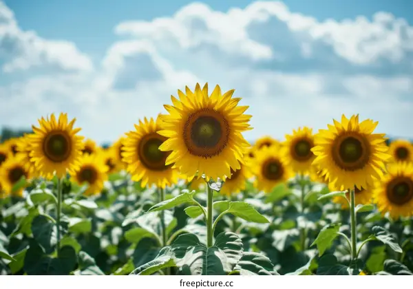 Field of sunflowers with blue sky and white clouds in the background