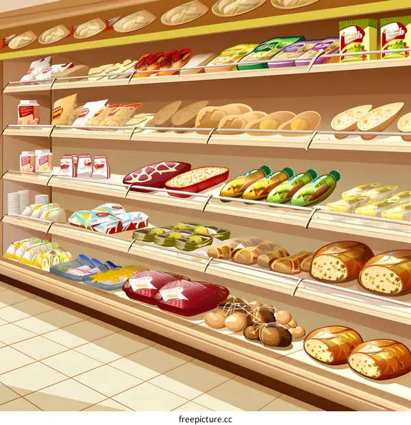 Supermarket Shelves Full of Food Illustration