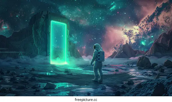 Astronaut in front of a portal on an alien planet