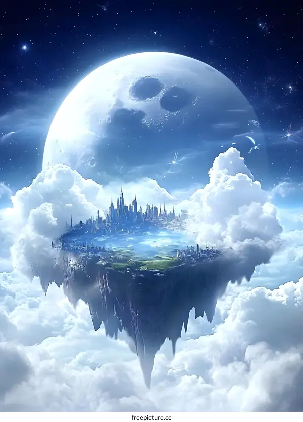 Fantasy City in the Sky with a Large Moon