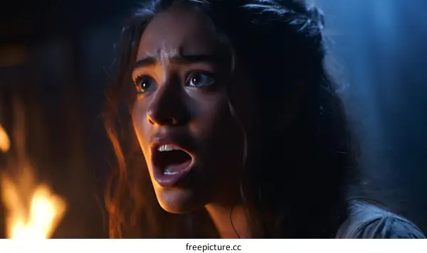 Portrait of a Scared Young Woman with Long Dark Hair