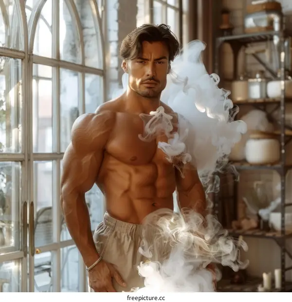 A muscular man standing in front of a window with smoke around him