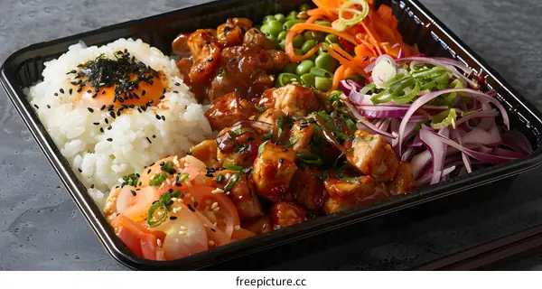 A delicious and healthy meal of chicken teriyaki, rice, and vegetables.