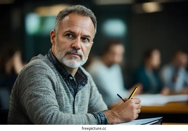 Serious Man Taking Notes in a Meeting