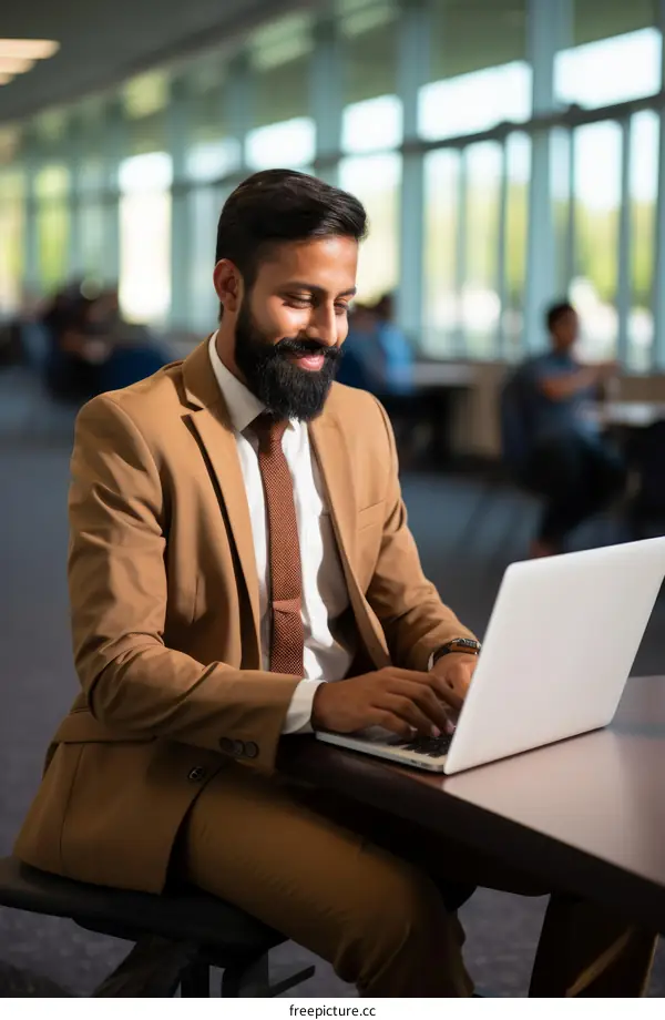 Indian man in brown suit working on laptop