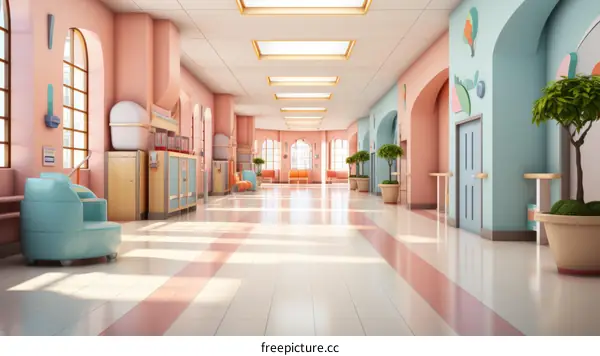 A Long Corridor With Pink and Blue Walls