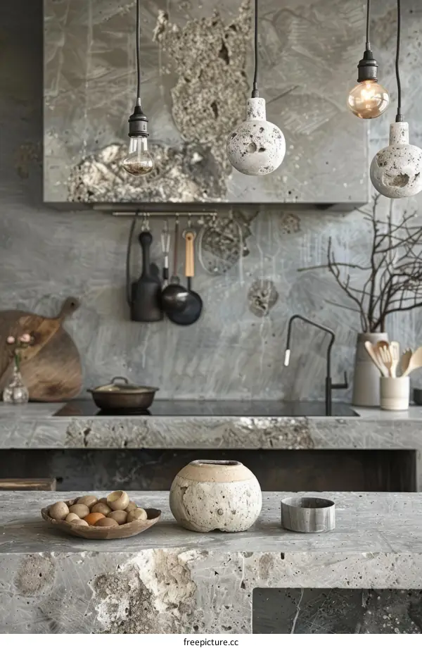 Rustic kitchen with concrete countertops and walls