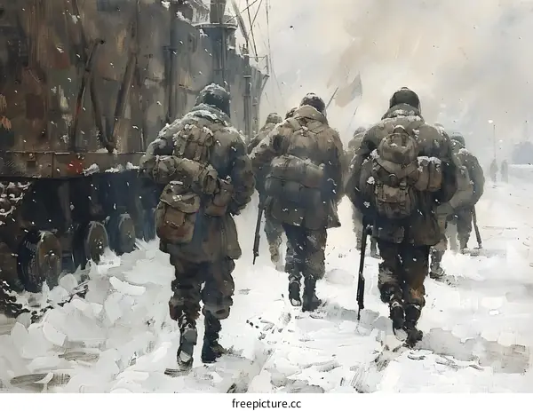 A group of soldiers walking through the snow during World War II