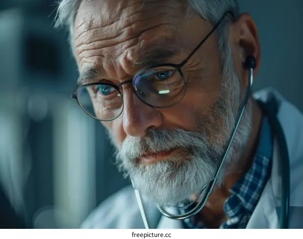 Portrait of a Senior Doctor with Gray Beard and Stethoscope