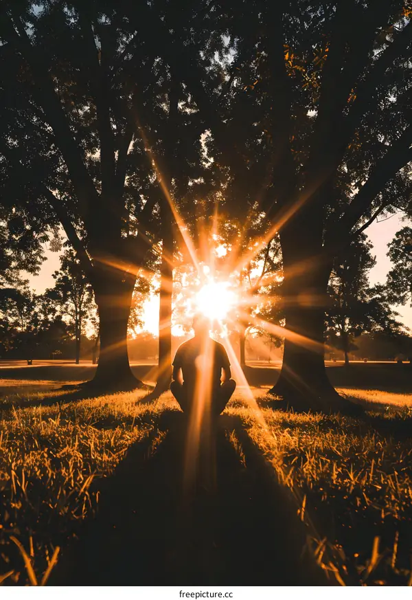 Silhouette of Person Sitting Under Trees at Sunset