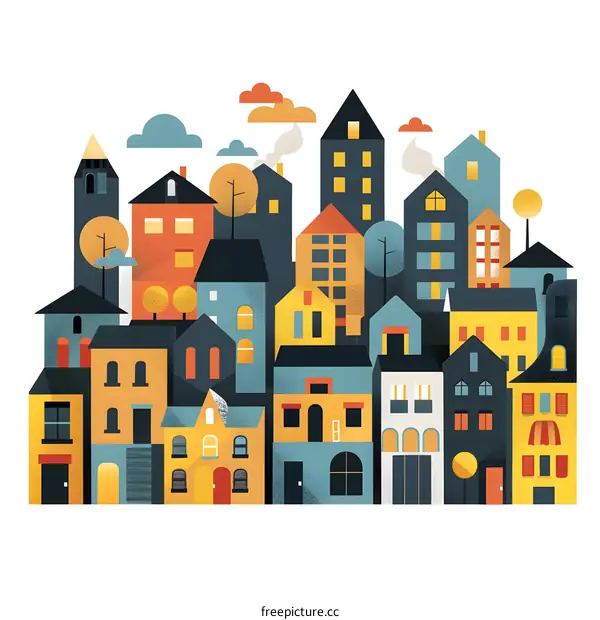 Colorful Cityscape Illustration with Geometric Buildings
