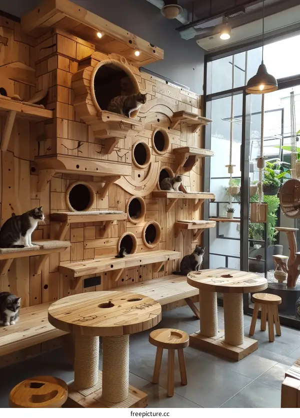 cats in a wooden cat cafe