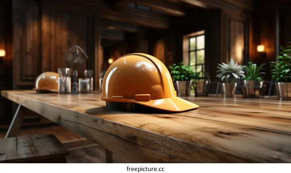 An orange hard hat sits on a wooden table in a conference room with other objects