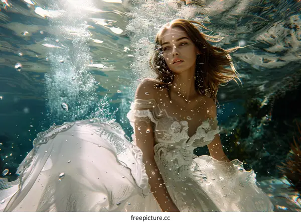 A woman wearing a white dress swims underwater