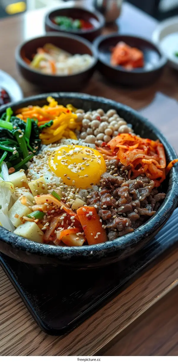 Delicious Korean Bibimbap with Rice, Vegetables, and Meat