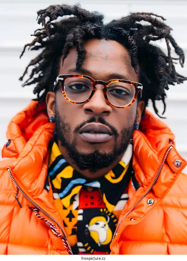 Portrait of a Man with Dreadlocks Wearing an Orange Jacket