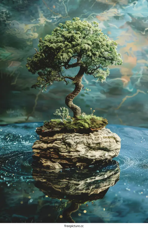 Solitary Tree on a Rocky Island Amidst a Stormy Sky