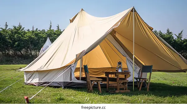 Large camping tent setup on a lush green field