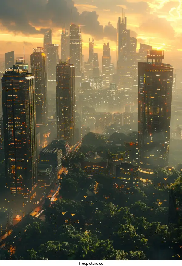 Futuristic Cityscape with Skyscrapers and Lush Greenery