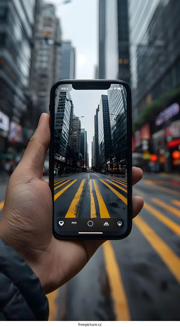 Smartphone Photographing Urban Street with Tall Buildings