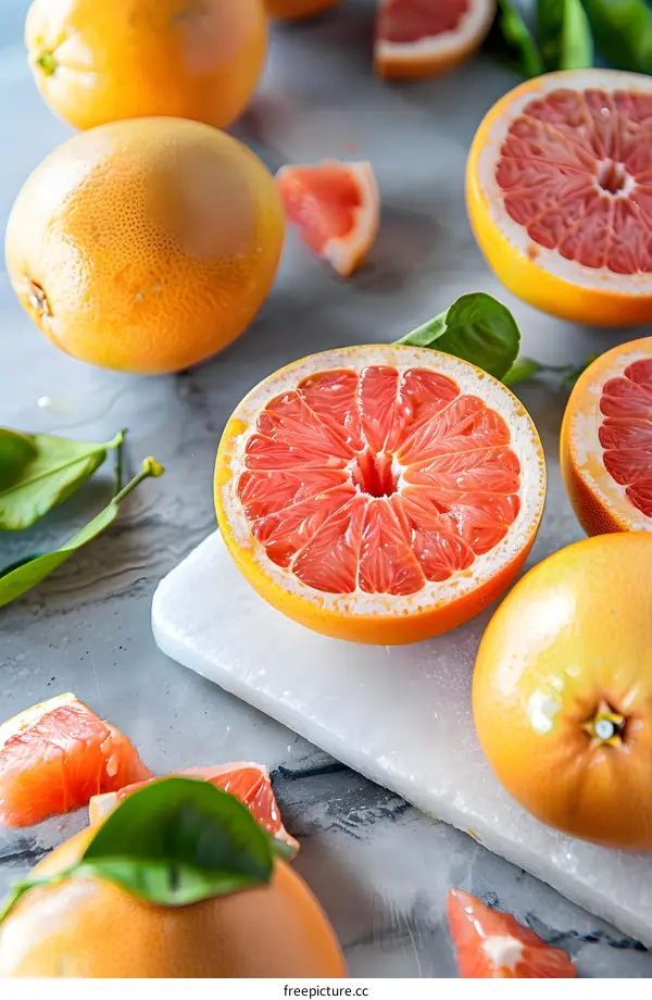 Fresh Ripe Grapefruit Slices On White Marble