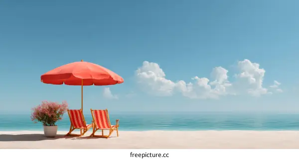 Beach Relaxation Scene with Umbrella and Chairs