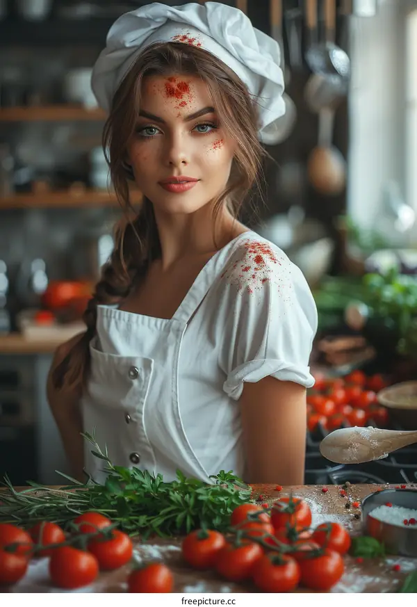 Young Woman Chef Covered in Spices