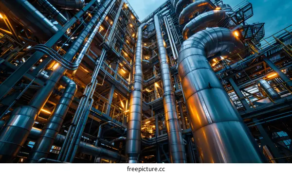 A photo of an oil refinery at night