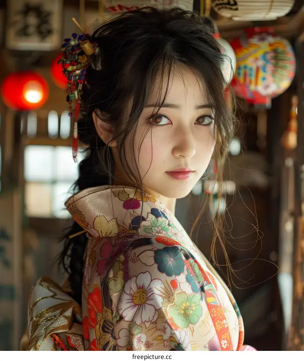 Portrait of a young woman in a kimono