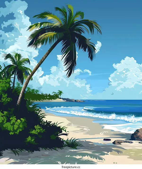 Tropical Beach Scene with Palm Trees and Blue Sky