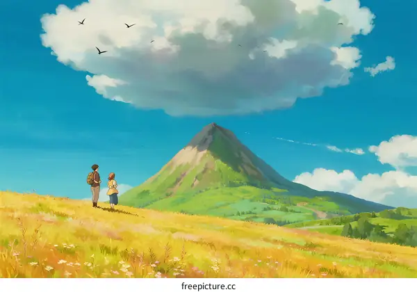 Two people standing on a grassy hill with a mountain in the background