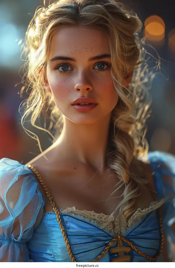 portrait of a beautiful blonde woman in a blue dress