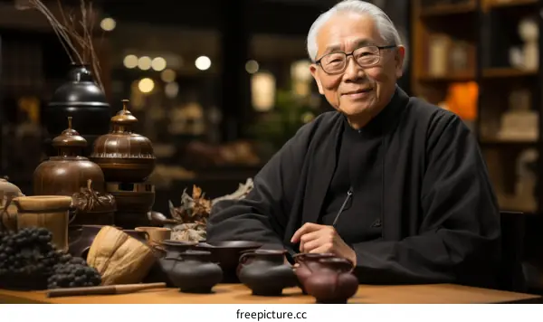 Portrait of a smiling elderly Asian man in a black shirt sitting at a table with teapots and other objects