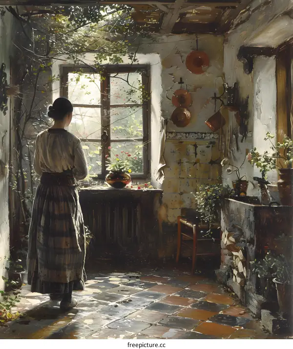 A woman standing in a room with a window