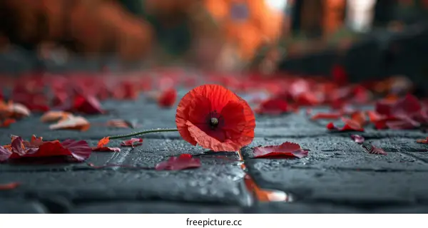 Red poppy flower on the ground with blurred background